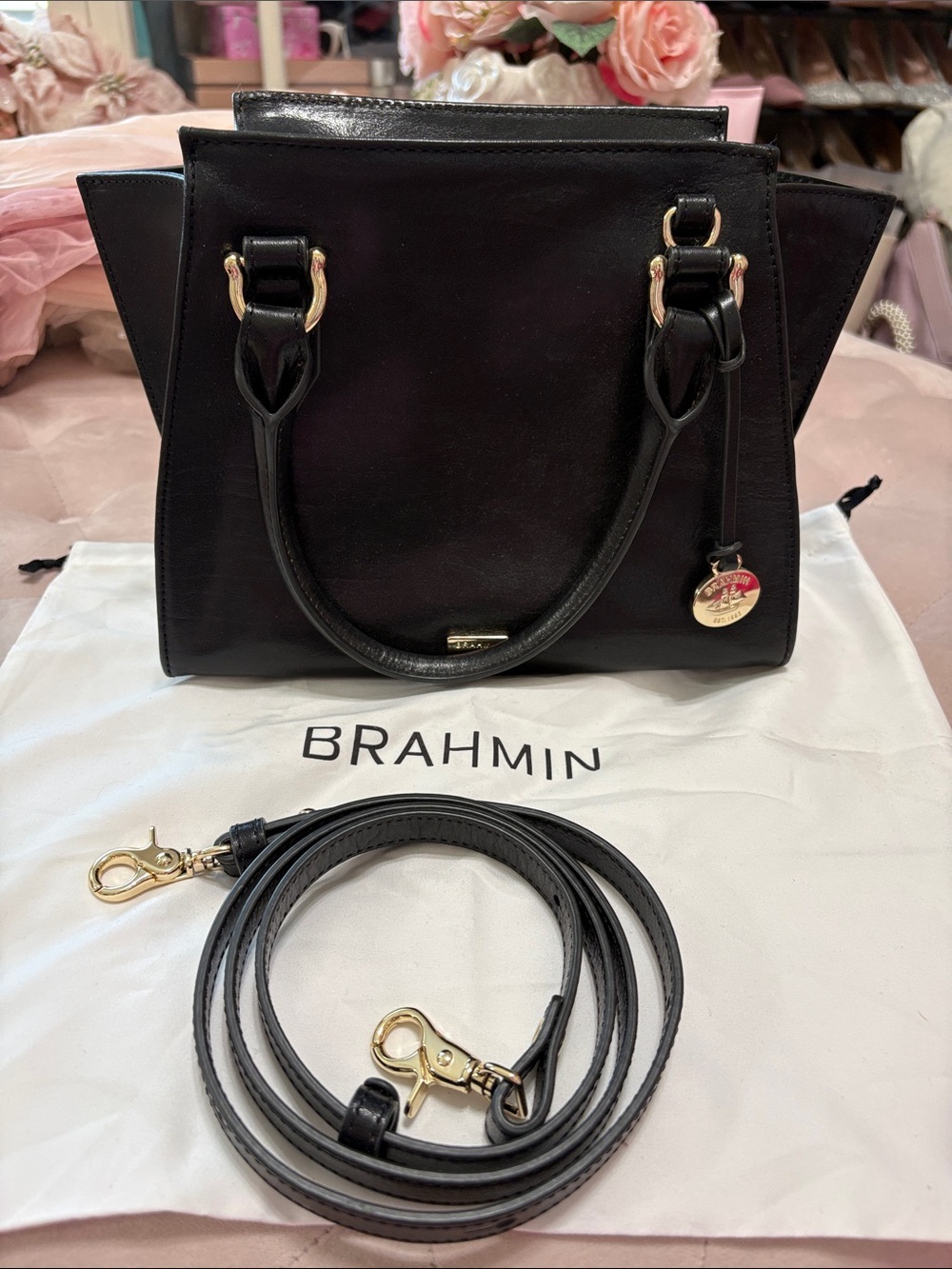 Brahmin Black Leather Satchel with Gold Hardware and Detachable Strap - Picture 1 of 12